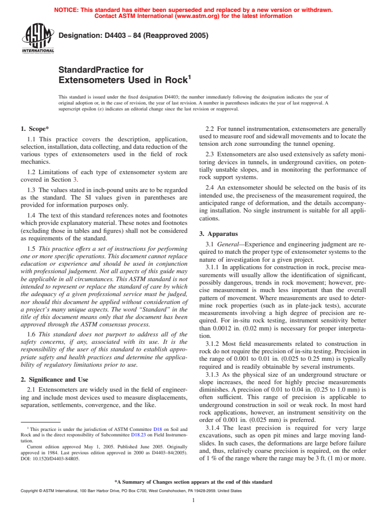 ASTM D4403-84(2005) - Standard Practice for Extensometers Used in Rock