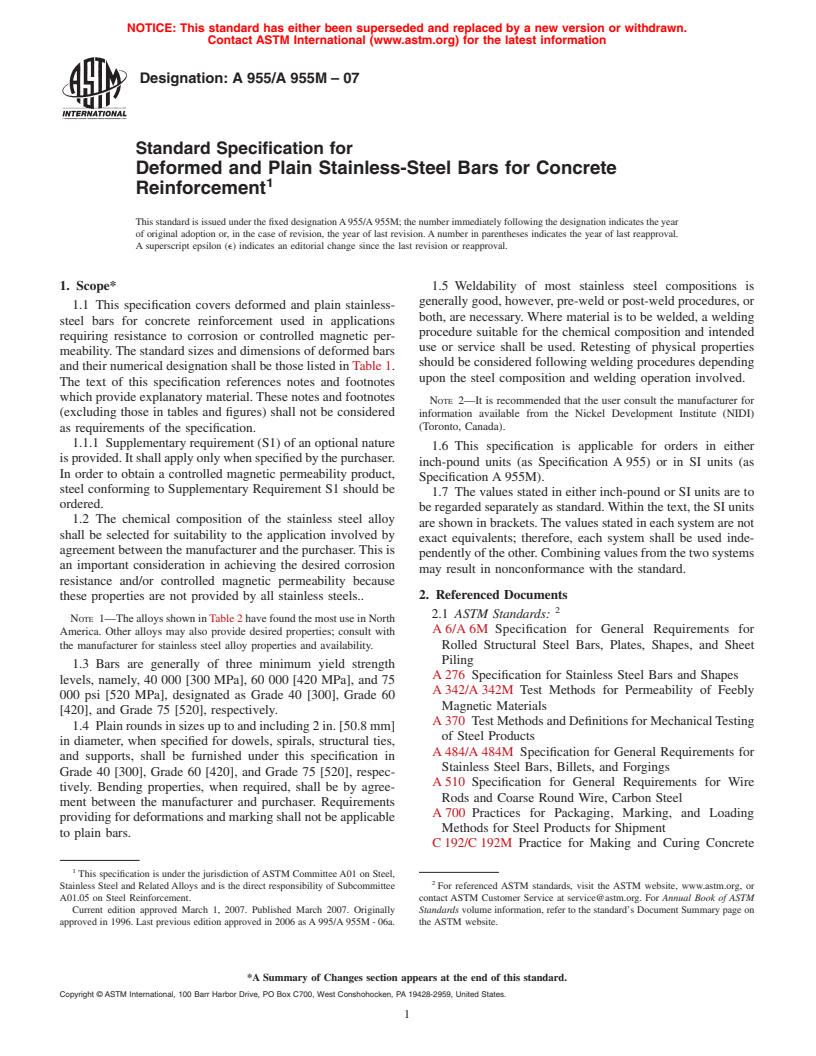 ASTM A955/A955M-07 - Standard Specification for Deformed and Plain Stainless-Steel Bars for Concrete Reinforcement