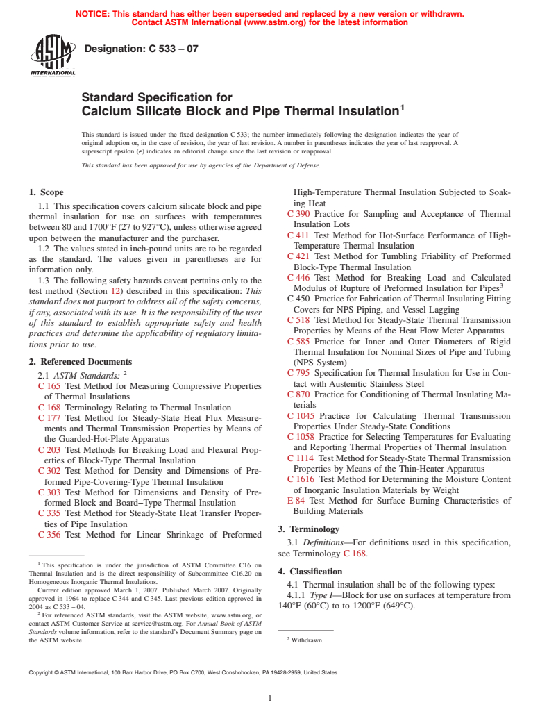 ASTM C533-07 - Standard Specification for Calcium Silicate Block and Pipe Thermal Insulation