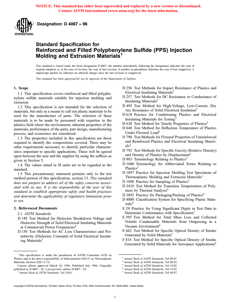 ASTM D4067-96 - Standard Specification for Reinforced and Filled Polyphenylene Sulfide (PPS) Injection Molding and Extrusion Materials