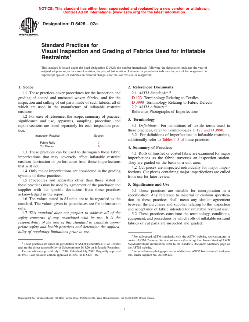 ASTM D5426-07 - Standard Practices for Visual Inspection and Grading of Fabrics Used for Inflatable Restraints