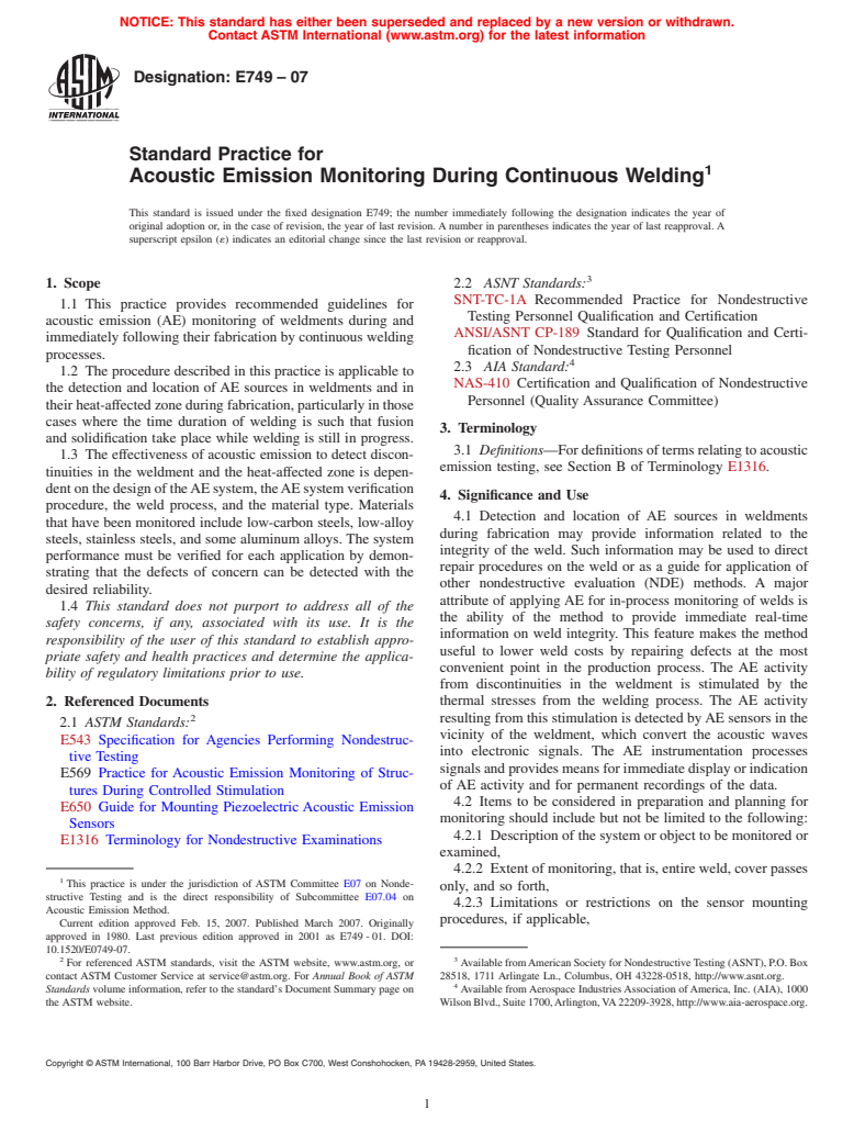 ASTM E749-07 - Standard Practice for Acoustic Emission Monitoring During Continuous Welding