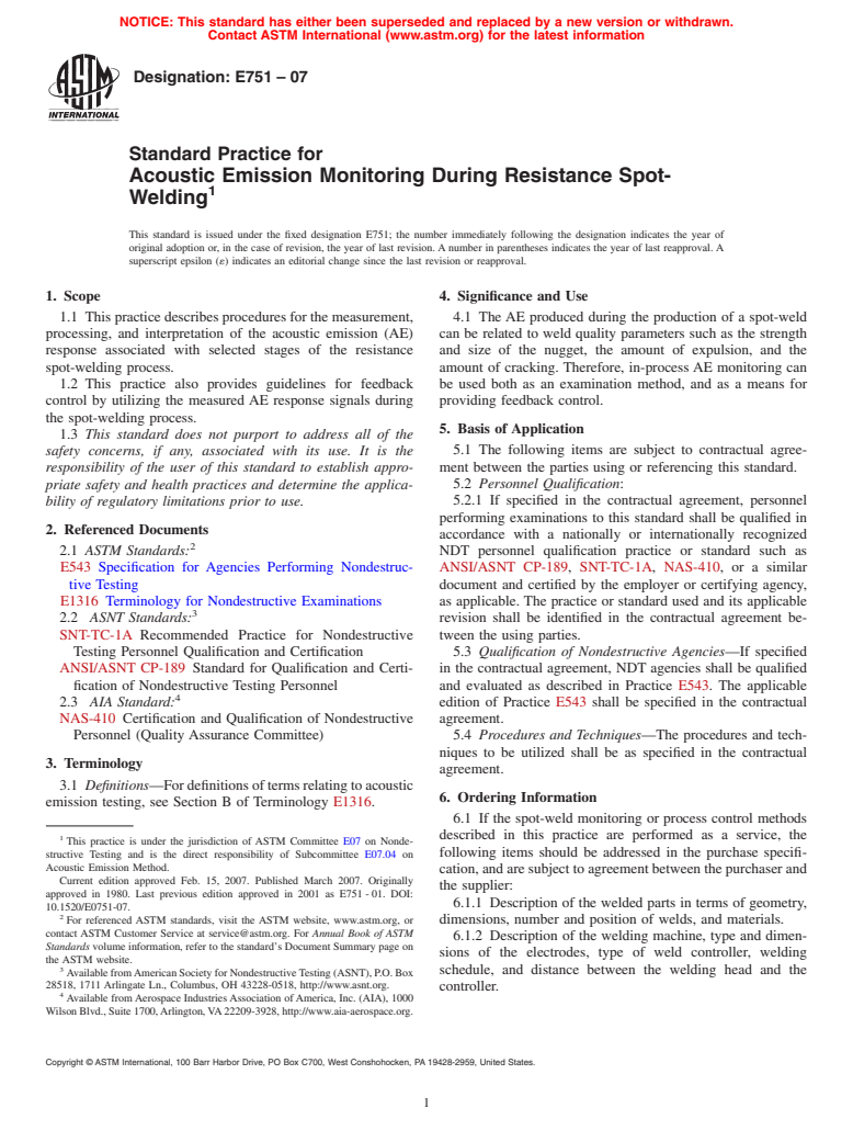 ASTM E751-07 - Standard Practice for Acoustic Emission Monitoring During Resistance Spot-Welding