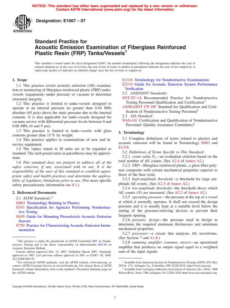 ASTM E1067-07 - Standard Practice for Acoustic Emission Examination of Fiberglass Reinforced Plastic Resin (FRP) Tanks/Vessels