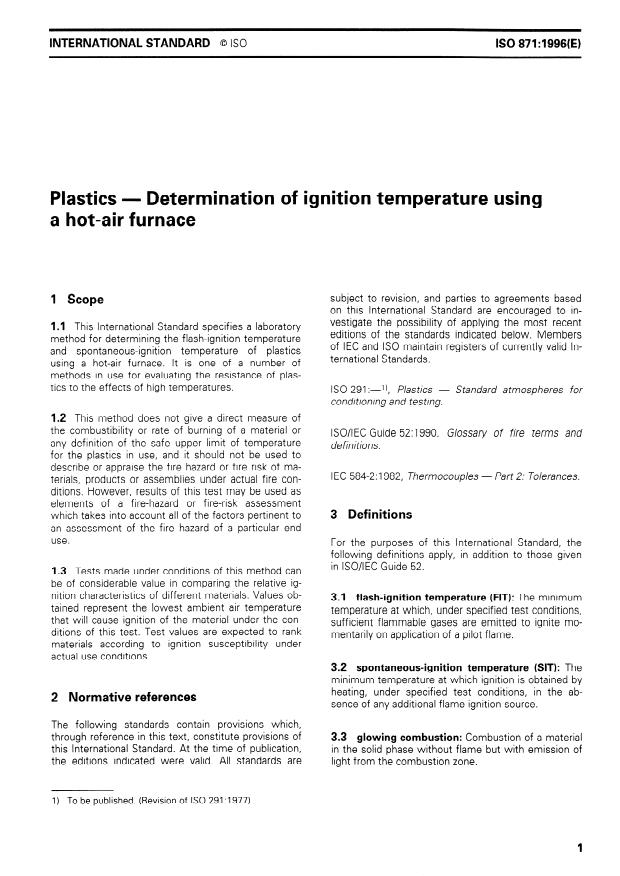 ISO 871:1996 - Plastics -- Determination of ignition temperature using a hot-air furnace