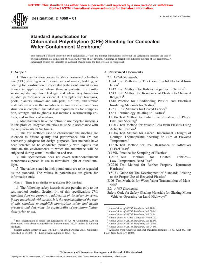 ASTM D4068-01 - Standard Specification for Chlorinated Polyethylene (CPE) Sheeting for Concealed Water-Containment Membrane