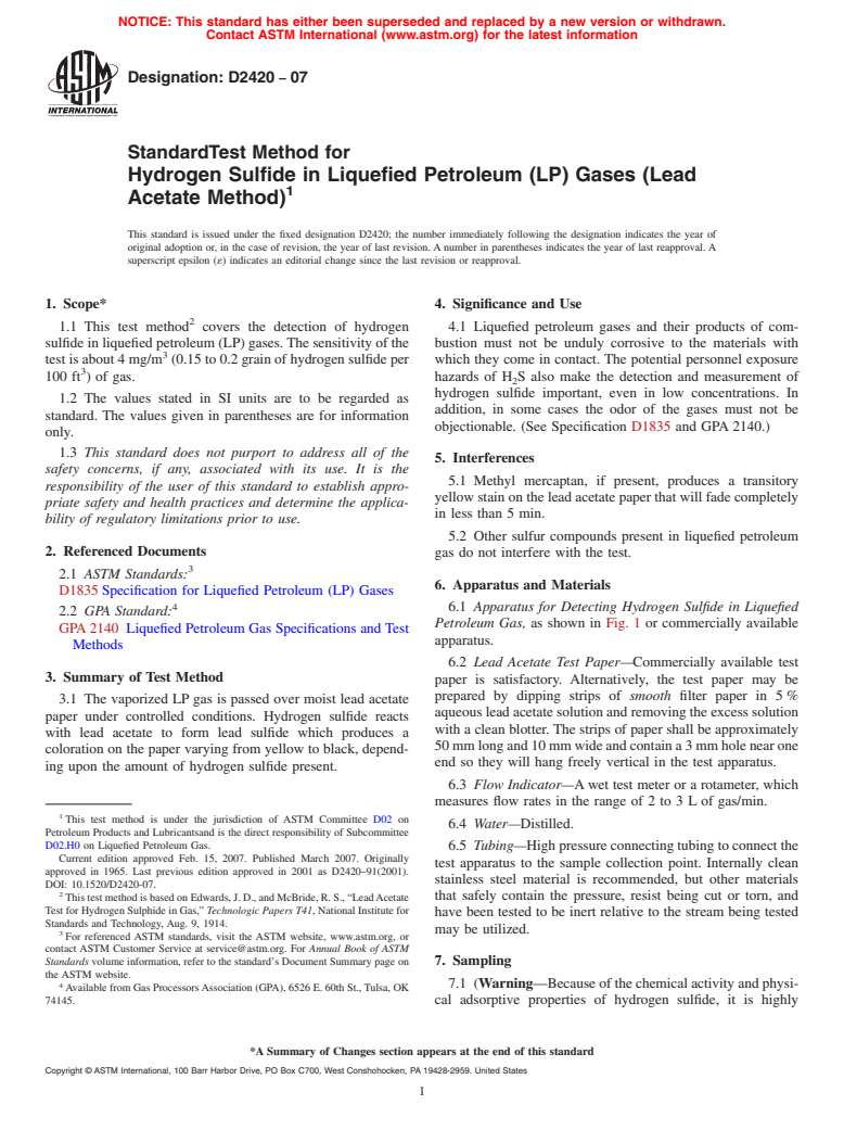 ASTM D2420-07 - Standard Test Method for Hydrogen Sulfide in Liquefied Petroleum (LP) Gases (Lead Acetate Method)