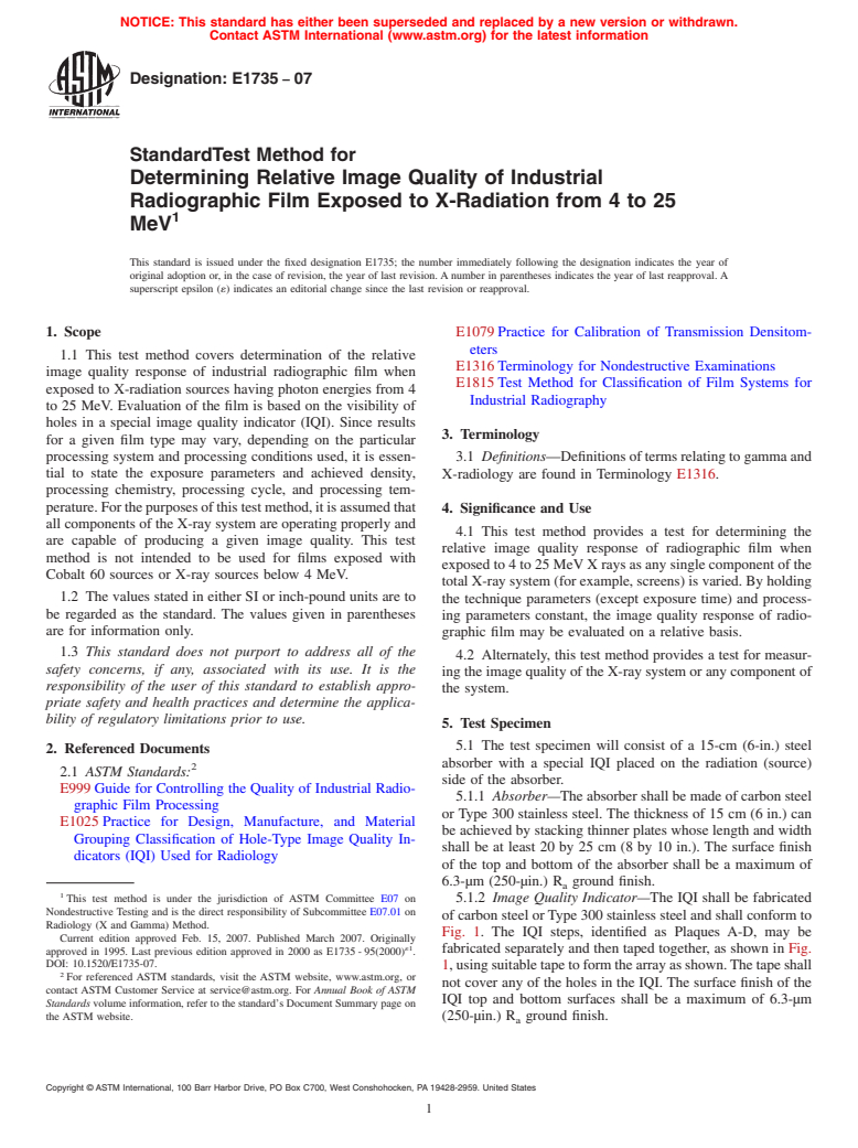 ASTM E1735-07 - Standard Test Method for Determining Relative Image Quality of Industrial Radiographic Film Exposed to X-Radiation from 4 to 25 MeV