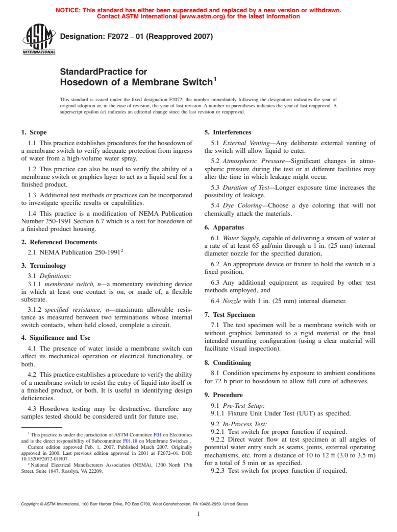 ASTM F2072-01(2007) - Standard Practice for Hosedown of a Membrane Switch