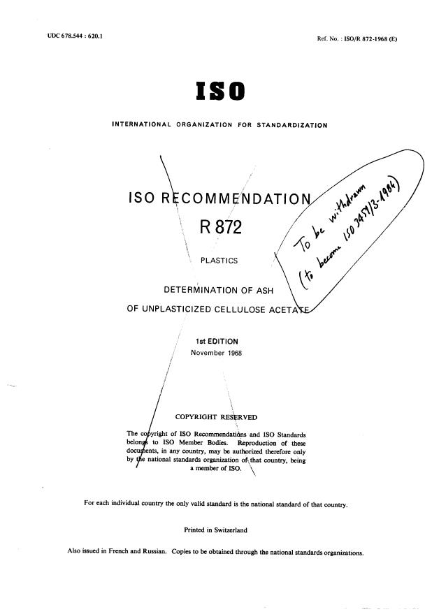 ISO/R 872:1968 - Plastics -- Determination of ash of unplasticized cellulose acetate