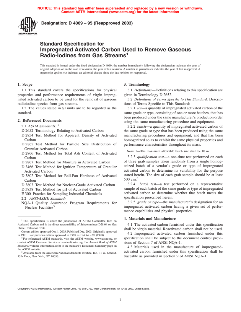 ASTM D4069-95(2003) - Standard Specification for Impregnated Activated Carbon Used to Remove Gaseous Radio-Iodines from Gas Streams