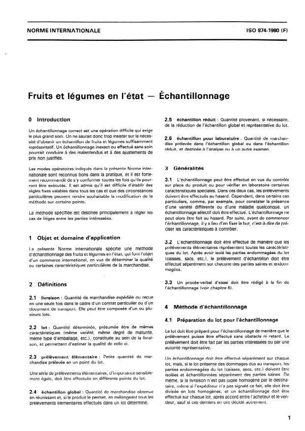 ISO 874:1980 - Fruits et légumes en l'état -- Échantillonnage