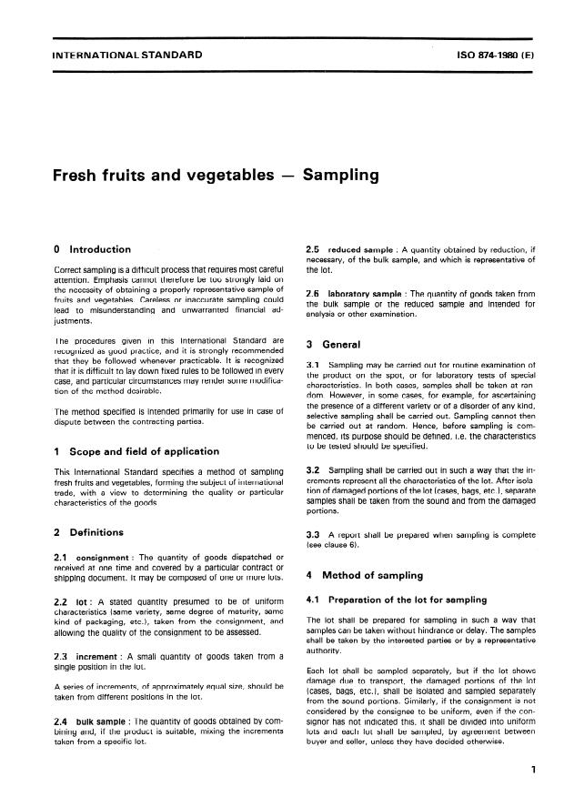ISO 874:1980 - Fresh fruits and vegetables -- Sampling