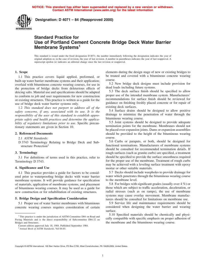 ASTM D4071-84(2000) - Standard Practice for Use of Portland Cement Concrete Bridge Deck Water Barrier Membrane Systems