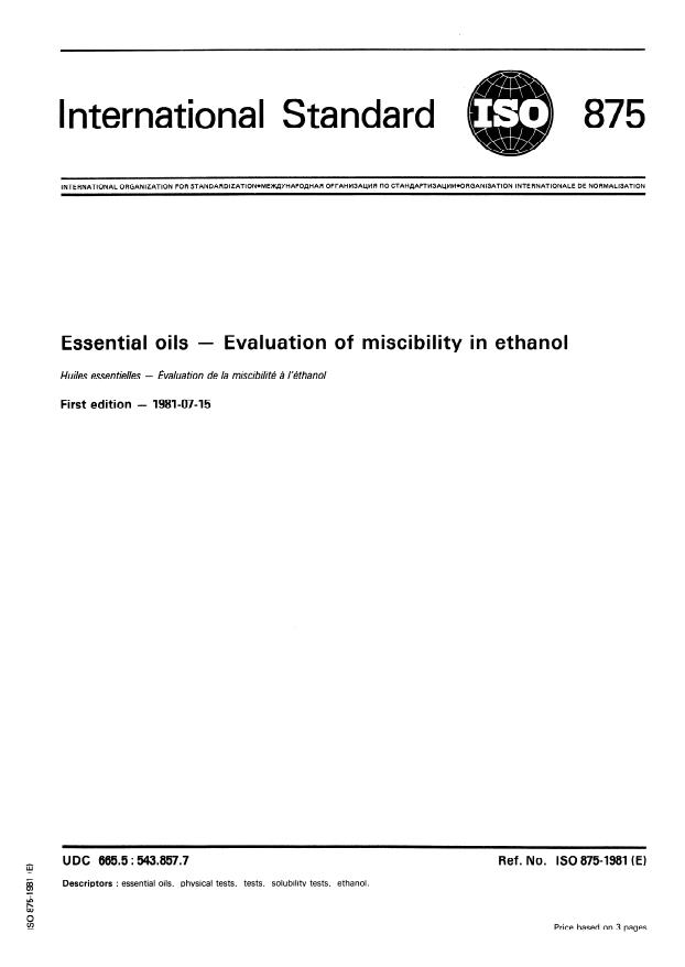 ISO 875:1981 - Essential oils -- Evaluation of miscibility in ethanol