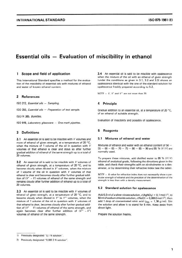 ISO 875:1981 - Essential oils -- Evaluation of miscibility in ethanol