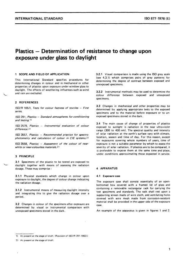 ISO 877:1976 - Plastics -- Determination of resistance to change upon exposure under glass to daylight