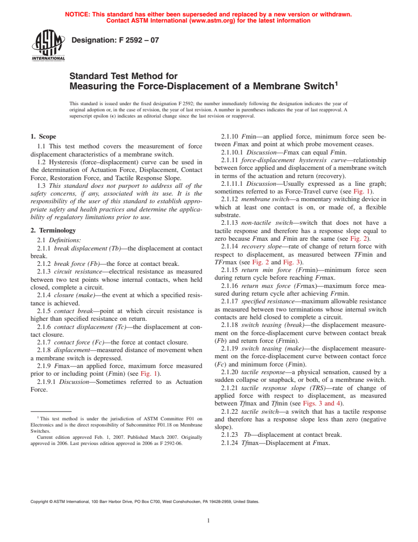 ASTM F2592-07 - Standard Test Method for Measuring the Force-Displacement of a Membrane Switch