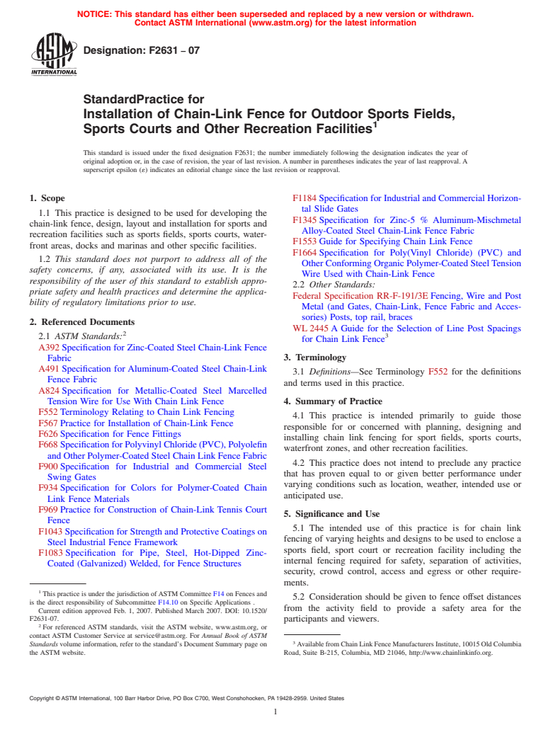 ASTM F2631-07 - Standard Practice for Installation of Chain-Link Fence for Outdoor Sports Fields, Sports Courts and Other Recreation Facilities (Withdrawn 2016)