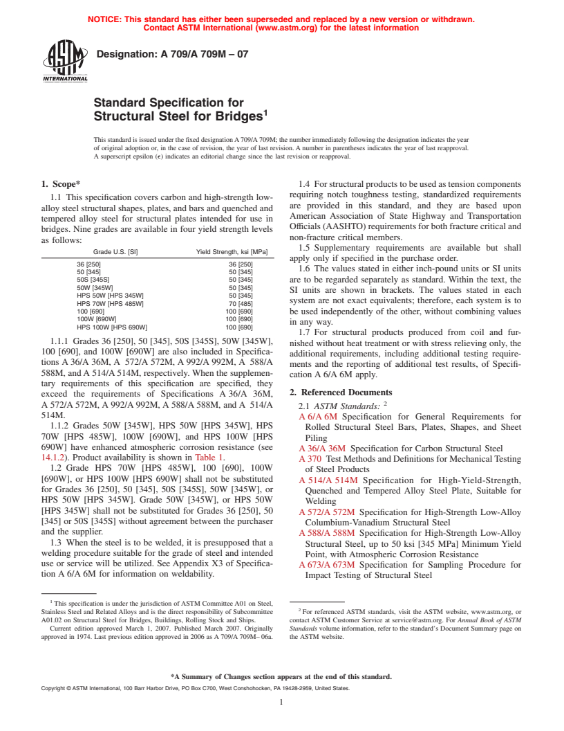 ASTM A709/A709M-07 - Standard Specification for Structural Steel for Bridges