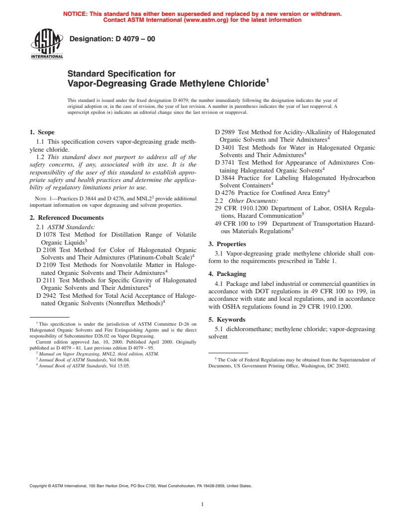 ASTM D4079-00 - Standard Specification for Vapor-Degreasing Grade Methylene Chloride