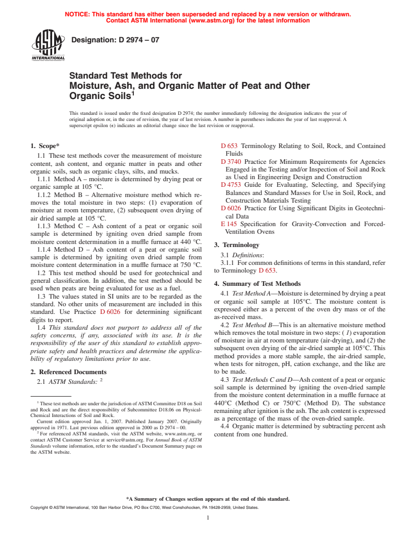 ASTM D2974-07 - Standard Test Methods for Moisture, Ash, and Organic Matter of Peat and Other Organic Soils