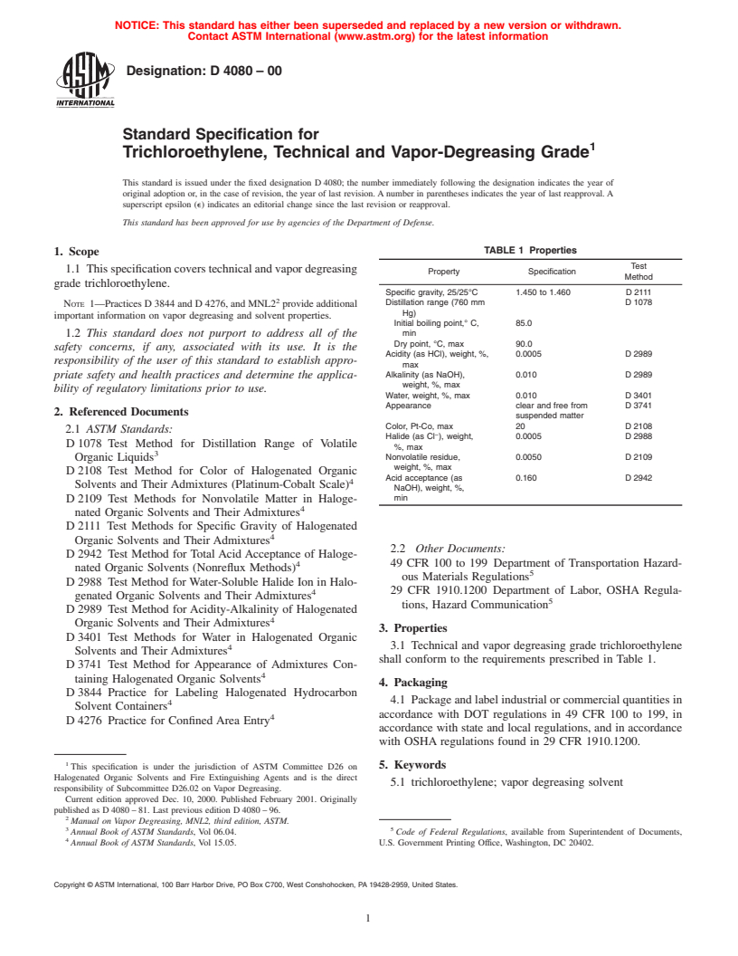 ASTM D4080-00 - Standard Specification for Trichloroethylene, Technical and Vapor-Degreasing Grade