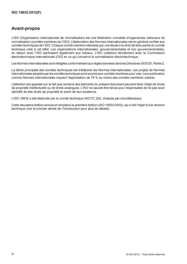 ISO 15632:2012 ISO 15632:2012 - Analyse par microfaisceaux -- Parametres de performance instrumentale sélectionnés pour la spécification et le contrôle des spectrometres X a sélection d'énergie utilisés en microanalyse par sonde a électrons - Page 4 preview