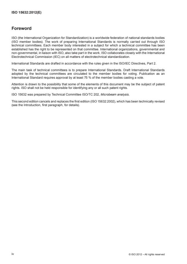 ISO 15632:2012 ISO 15632:2012 - Microbeam analysis -- Selected instrumental performance parameters for the specification and checking of energy-dispersive X-ray spectrometers for use in electron probe microanalysis - Page 4 preview