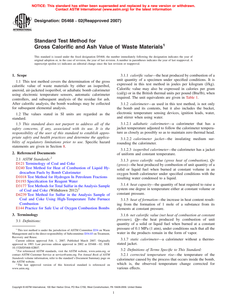 ASTM D5468-02(2007) - Standard Test Method for Gross Calorific and Ash Value of Waste Materials (Withdrawn 2016)