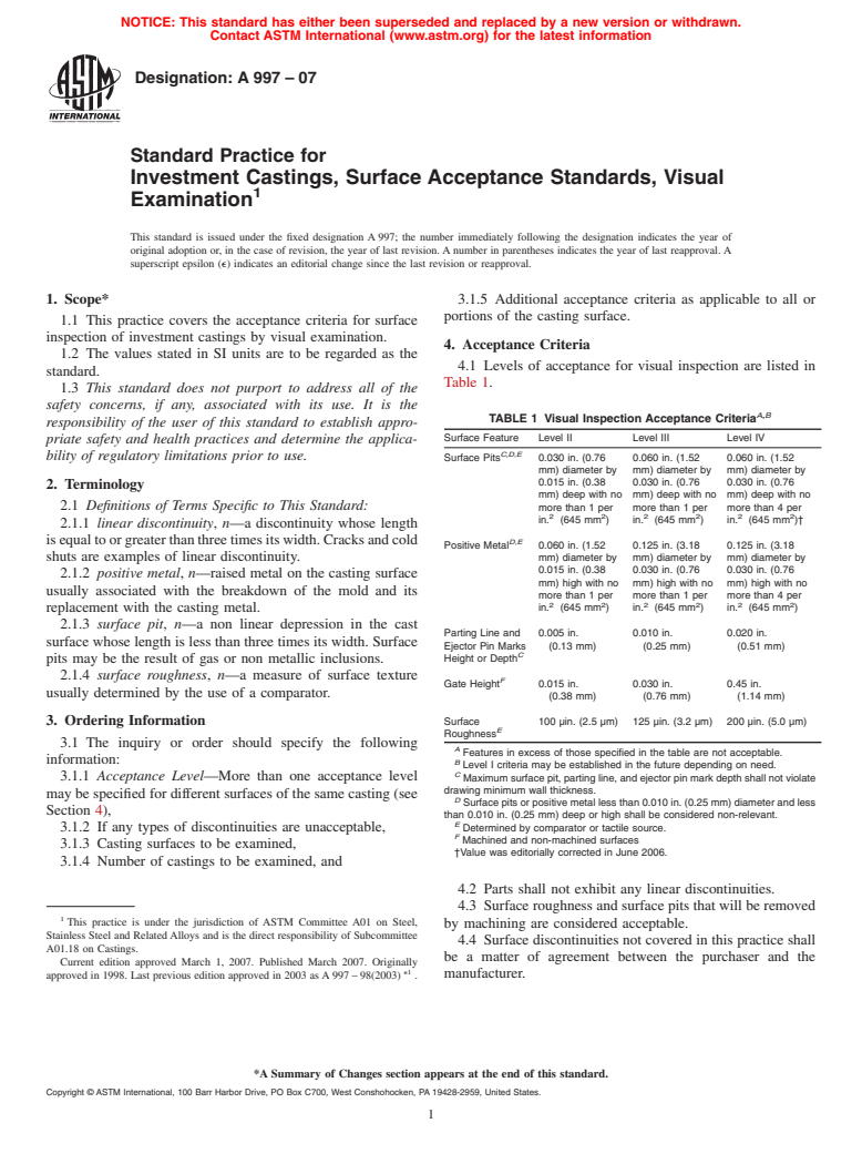 ASTM A997-07 - Standard Practice for Investment Castings, Surface Acceptance Standards, Visual Examination