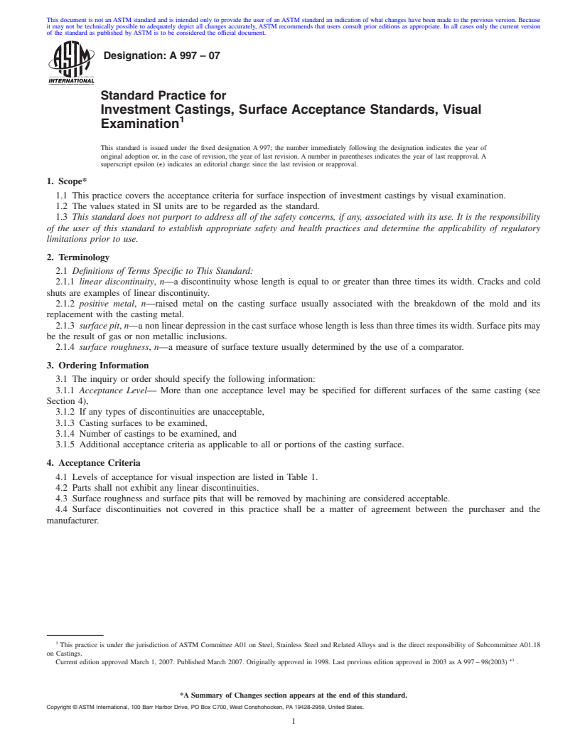 REDLINE ASTM A997-07 - Standard Practice for Investment Castings, Surface Acceptance Standards, Visual Examination