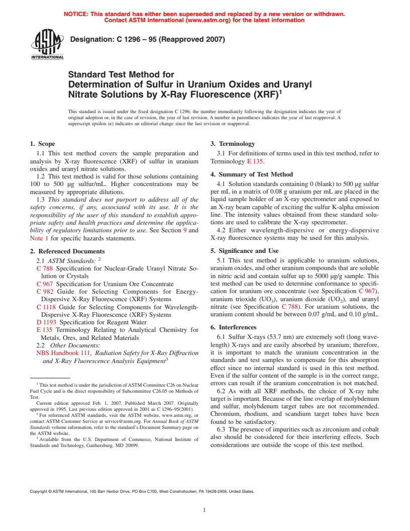 ASTM C1296-95(2007) - Standard Test Method for Determination of Sulfur in Uranium Oxides and Uranyl Nitrate Solutions by X-Ray Fluorescence (XRF) (Withdrawn 2007)