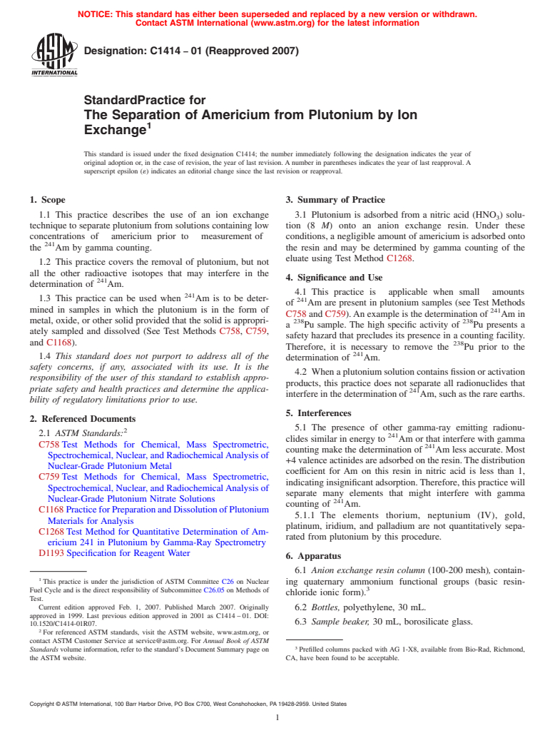 ASTM C1414-01(2007) - Standard Practice for The Separation of Americium from Plutonium by Ion Exchange
