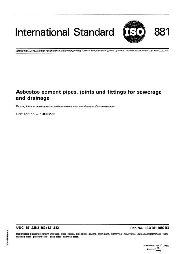ISO 881:1980 - Asbestos-cement pipes, joints and fittings for sewerage and drainage