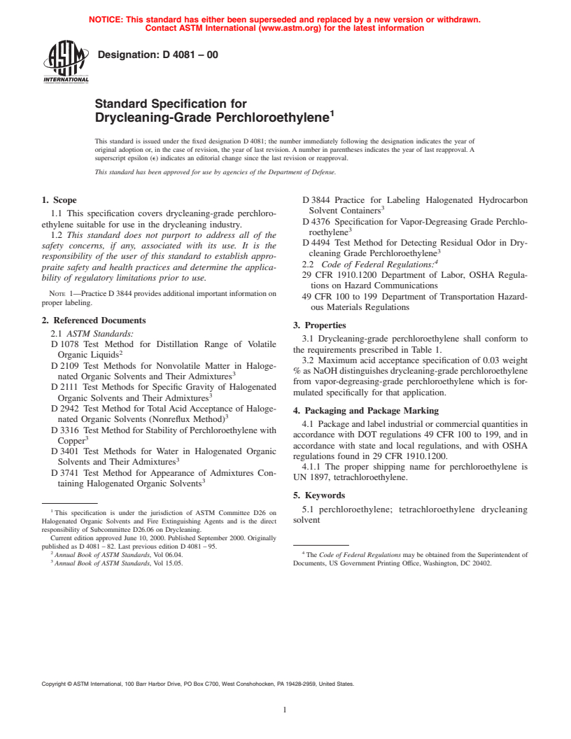 ASTM D4081-00 - Standard Specification for Drycleaning-Grade Perchloroethylene