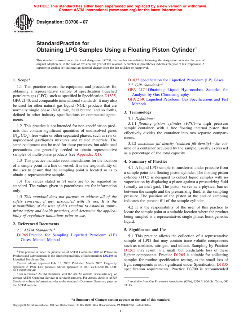 ASTM D3700-07 - Standard Practice for Obtaining LPG Samples Using a Floating Piston Cylinder