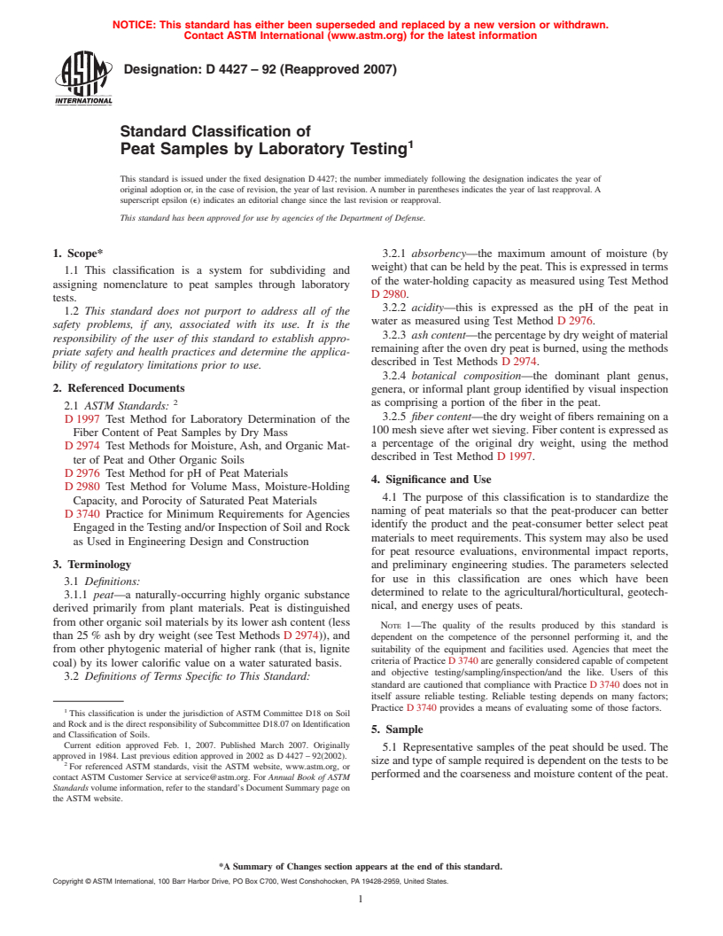 ASTM D4427-92(2007) - Standard Classification of Peat Samples by Laboratory Testing