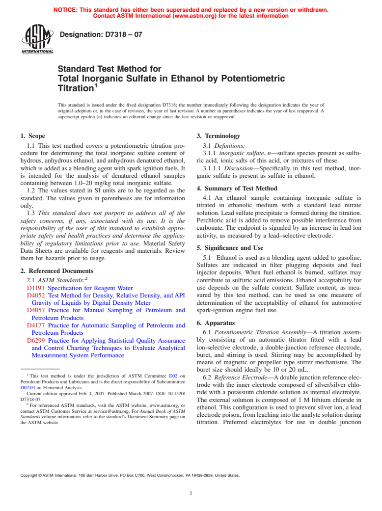 ASTM D7318-07 - Standard Test Method for Total Inorganic Sulfate in Ethanol by Potentiometric Titration