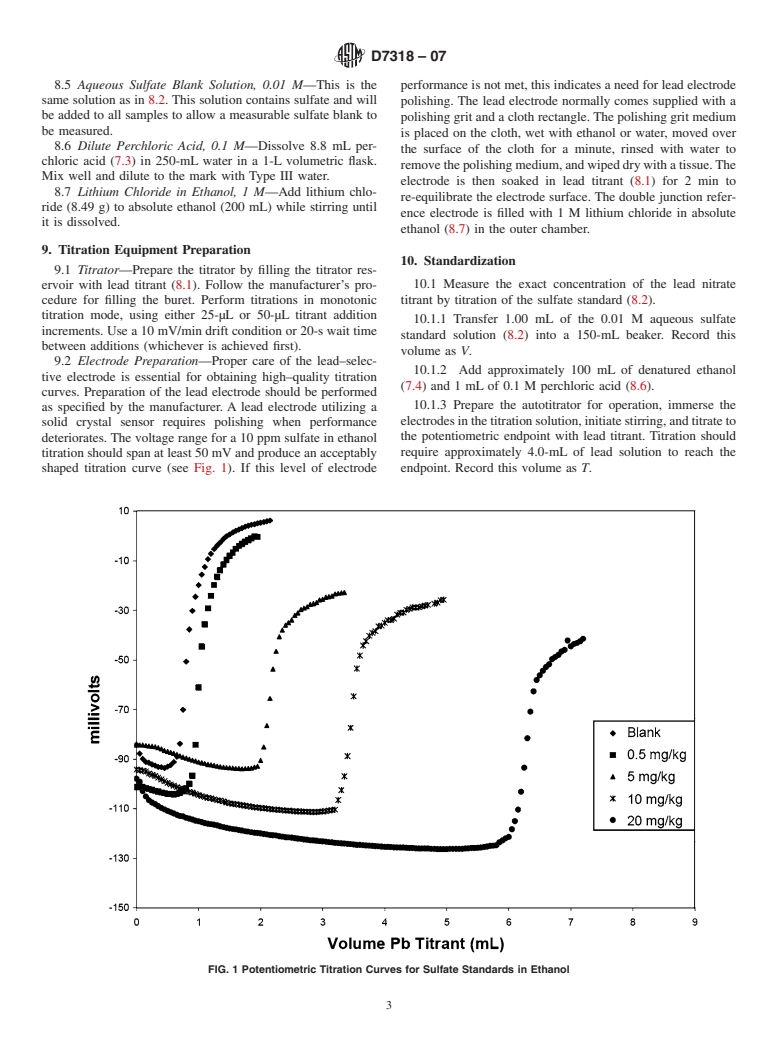 ASTM D7318-07 - Standard Test Method for Total Inorganic Sulfate in Ethanol by Potentiometric Titration