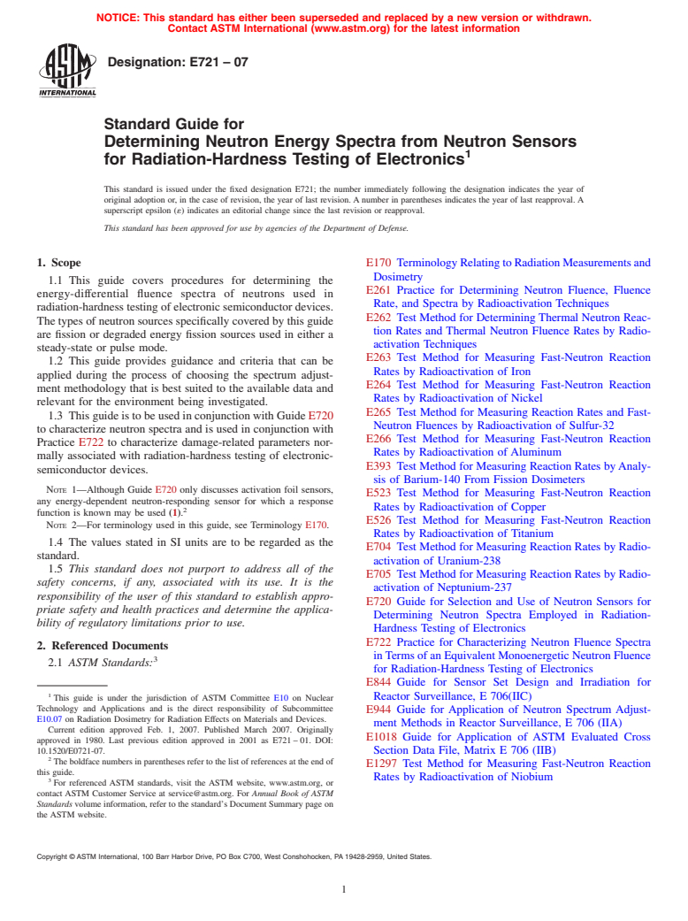 ASTM E721-07 - Standard Guide for Determining Neutron Energy Spectra from Neutron Sensors for Radiation-Hardness Testing of Electronics