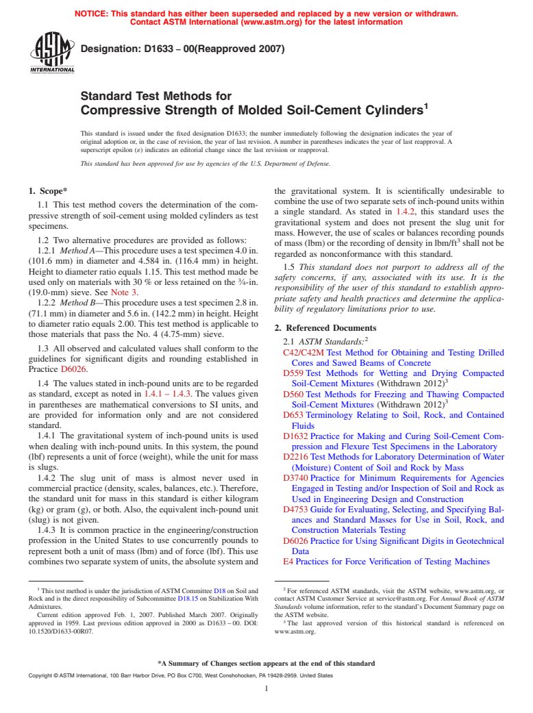 ASTM D1633-00(2007) - Standard Test Methods for Compressive Strength of Molded Soil-Cement Cylinders (Withdrawn 2016)