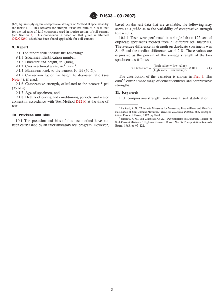 ASTM D1633-00(2007) - Standard Test Methods for Compressive Strength of Molded Soil-Cement Cylinders (Withdrawn 2016)