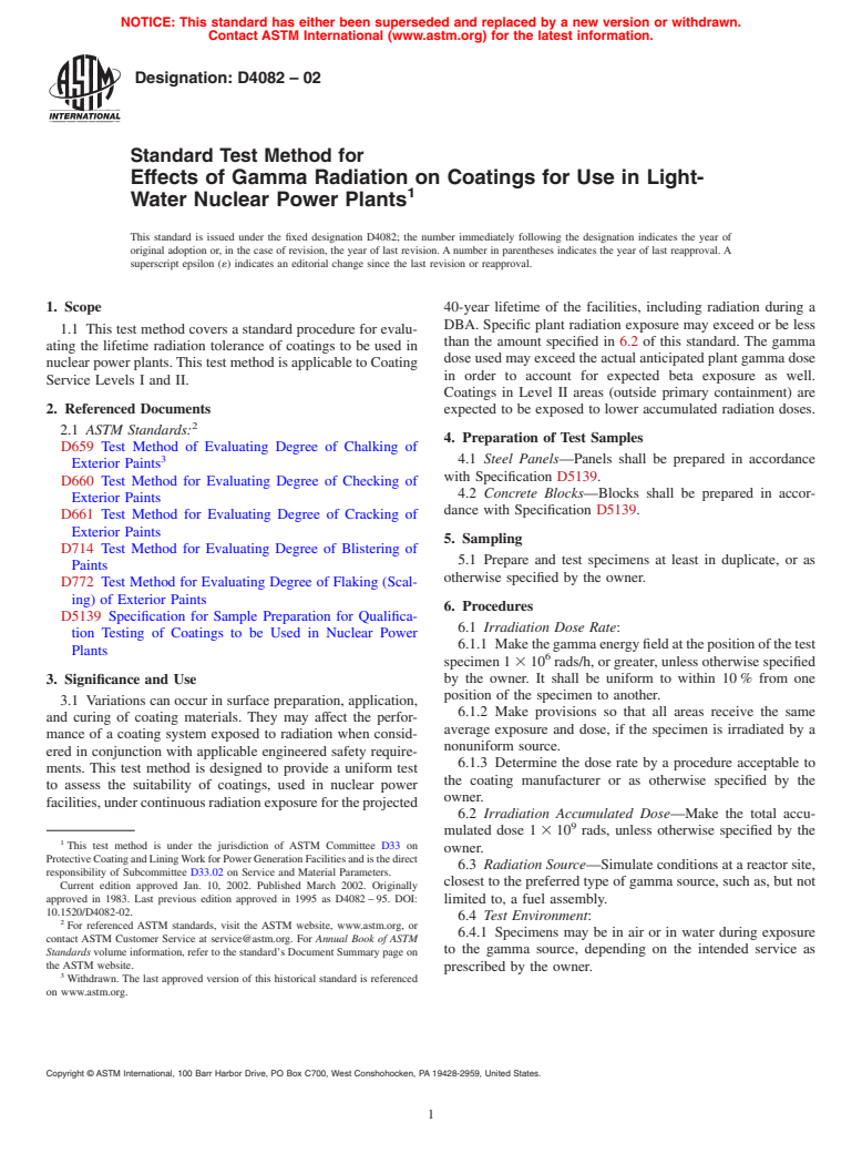 ASTM D4082-02 - Standard Test Method for Effects of Gamma Radiation on Coatings for Use in Light-Water Nuclear Power Plants