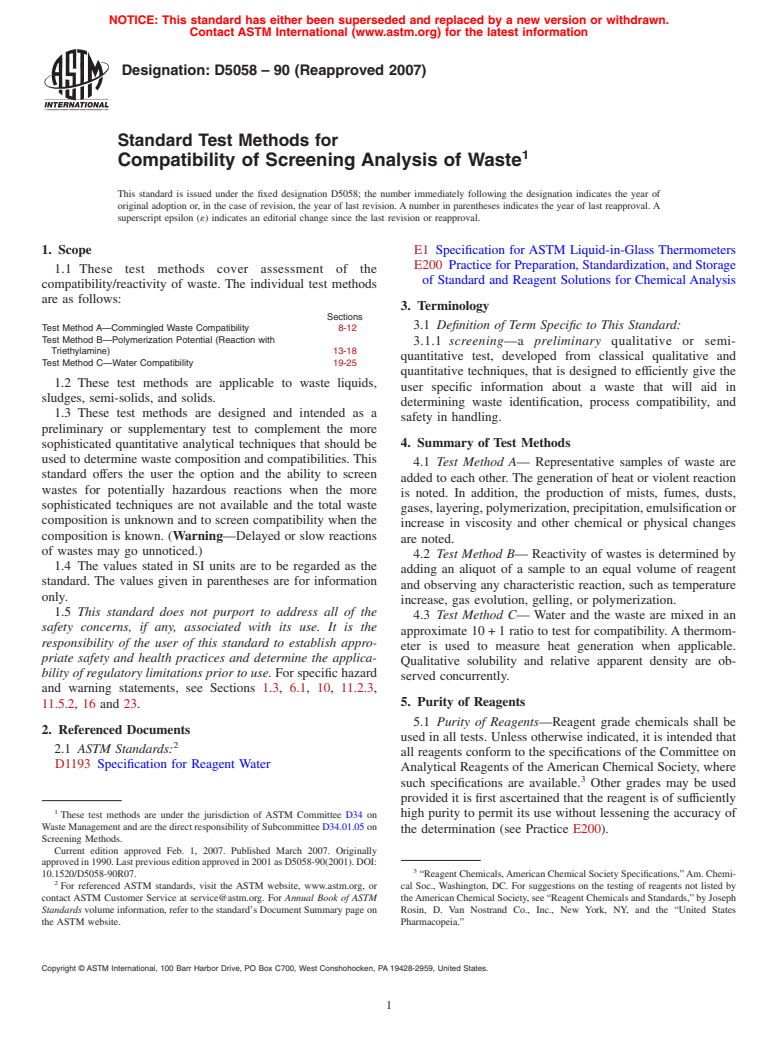 ASTM D5058-90(2007) - Standard Test Methods for Compatibility of Screening Analysis of Waste