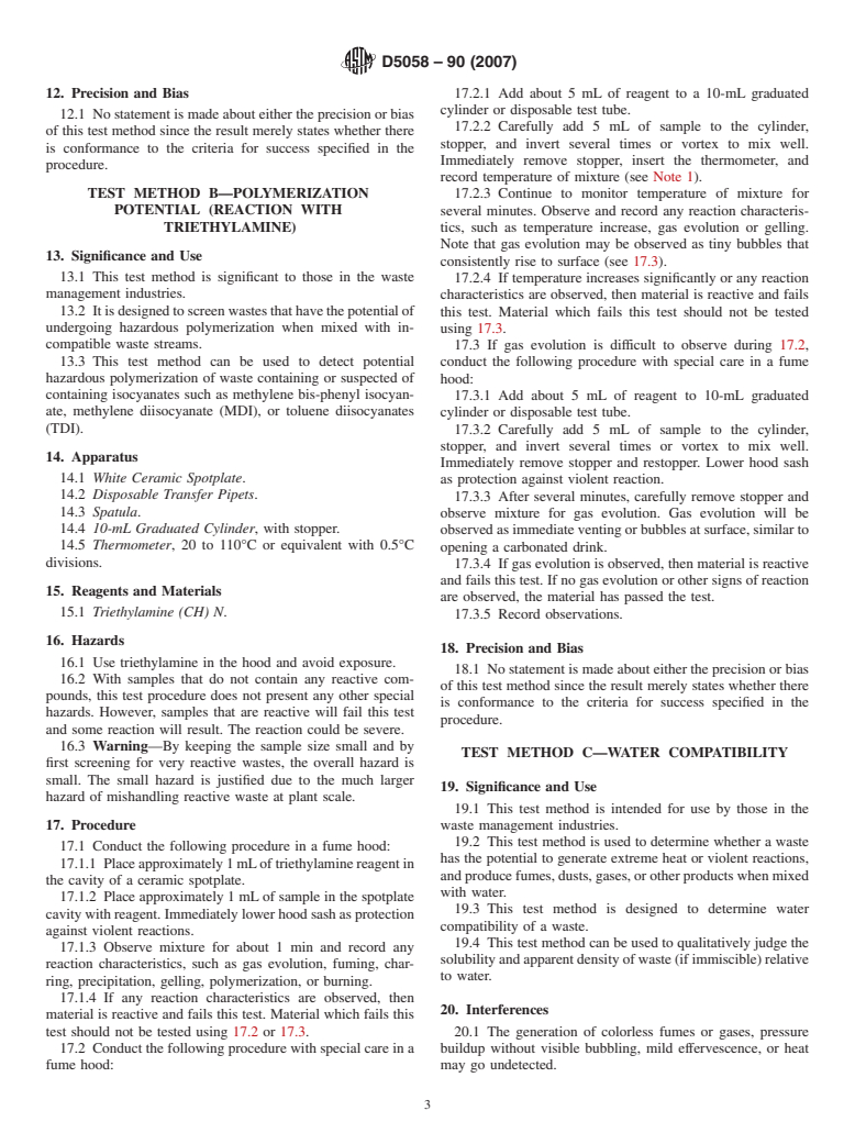 ASTM D5058-90(2007) - Standard Test Methods for Compatibility of Screening Analysis of Waste