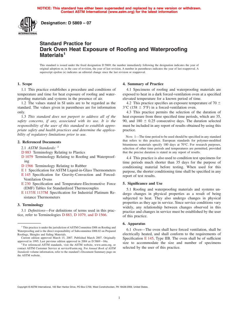 ASTM D5869-07 - Standard Practice for Dark Oven Heat Exposure of Roofing and Waterproofing Materials