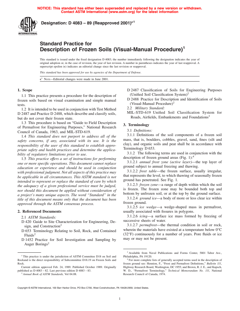 ASTM D4083-89(2001)e1 - Standard Practice for Description of Frozen Soils (Visual-Manual Procedure)