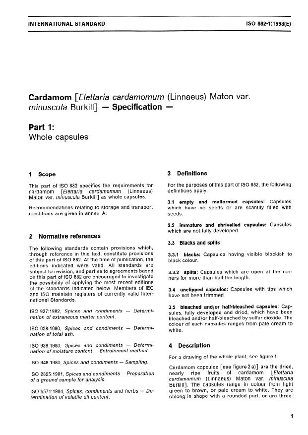 ISO 882-1:1993 - Cardamom (Elettaria cardamomum (Linnaeus) Maton var. minuscula Burkill) -- Specification