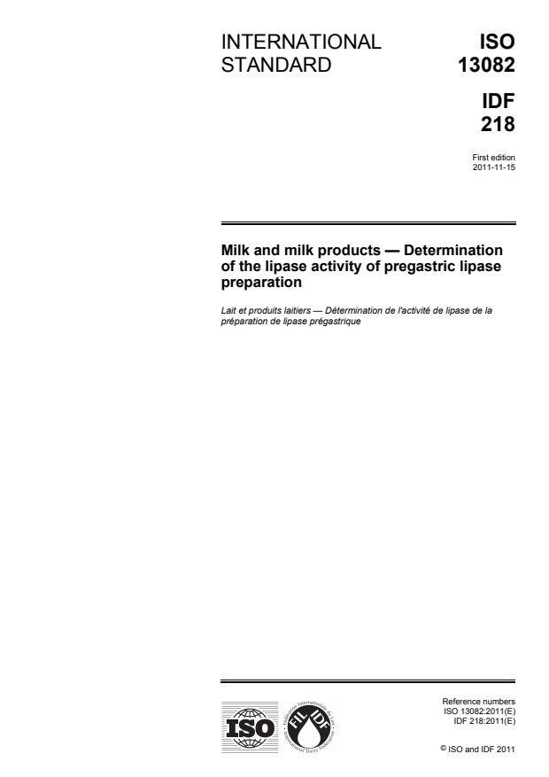 ISO 13082:2011 - Milk and milk products -- Determination of the lipase activity of pregastric lipase preparation